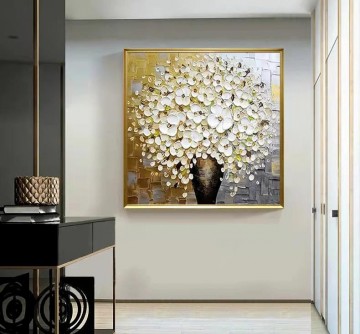 Art texture œuvres - Vase à fleurs blanches par texture de décor de mur de couteau à palette